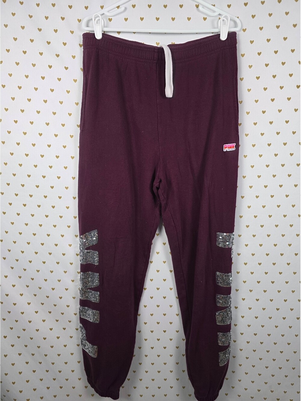 Victorias Secret PINK Maroon Mega Bling Logo Sweats Sweatpants Sequined Large